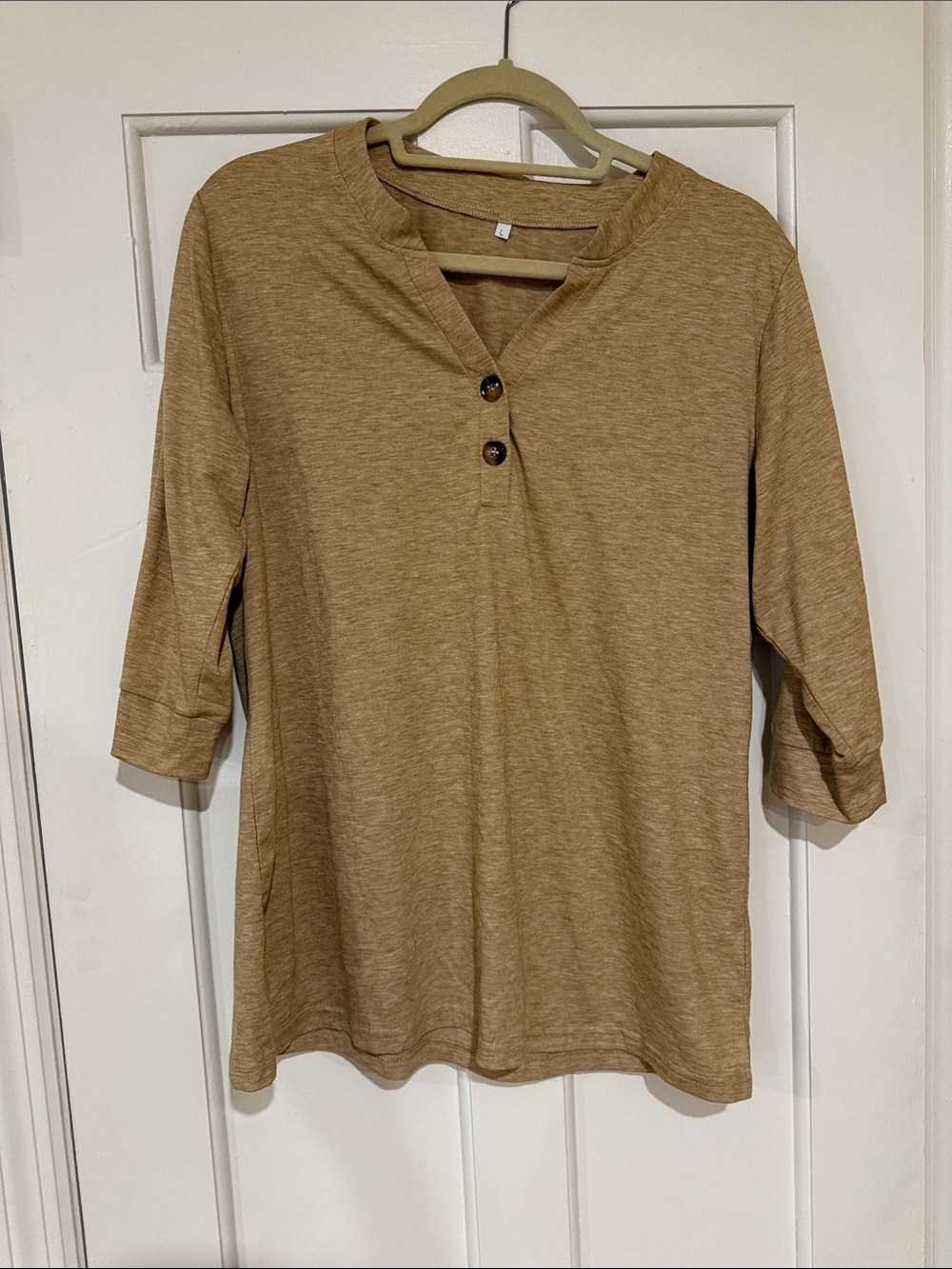 Amazon Women's Long Sleeve Henley Tee in Camel
